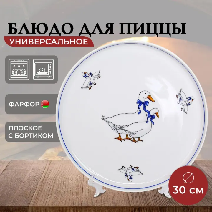 Блюдо для пиццы плоское круглое сервировочное с бортами, тарелка 30 см фарфоровая Гуси