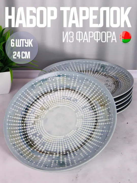 Тарелки плоские обеденные набор 6 штук 24 см фарфоровые Мегаполис Универсал